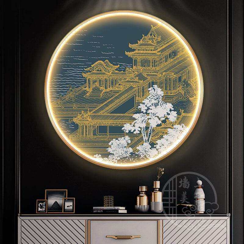 圆形玄关装饰画新中式寓意好LED灯画风景走廊过道带灯发光挂画