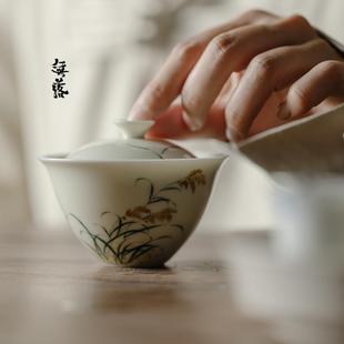 无落釉下彩手绘麦穗盖碗手工陶瓷薄胎泡茶碗茶杯不烫手茶碗功夫