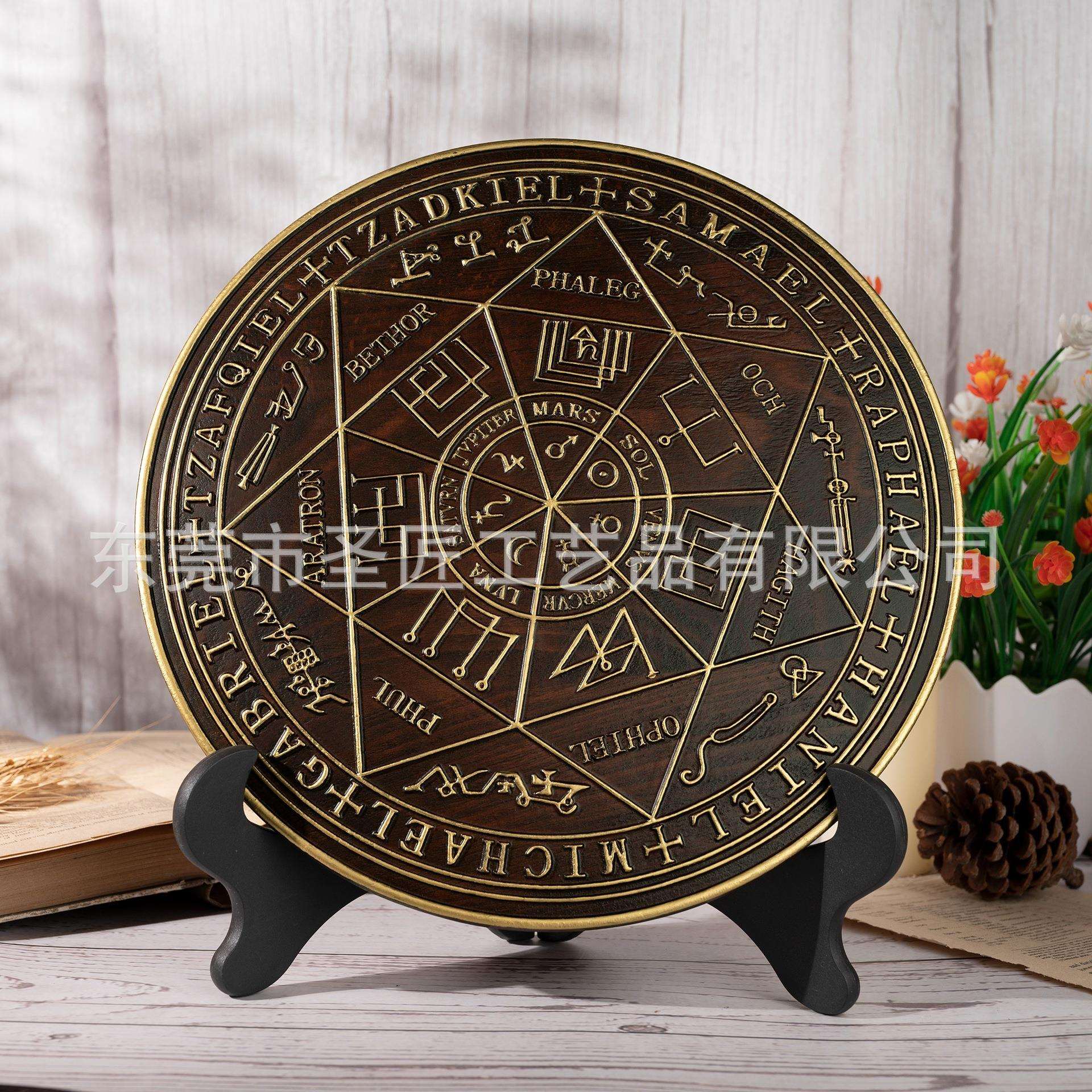 七大天使迈克尔雕刻摆件工艺品榉木复古圆盘家居装饰底座