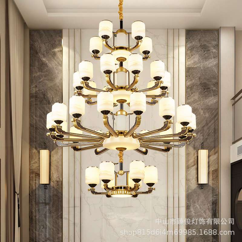 复式楼大吊灯新中式别墅客厅楼中楼中空三层楼梯大气家居别墅专用