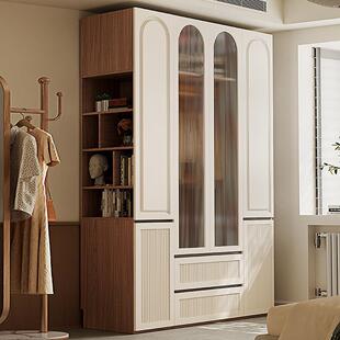 衣柜分段式一门到顶免拉手中古风卧室储物柜子家用成品收纳大衣橱