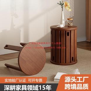 家用凳子可叠放实木圆凳叠叠乐新中式矮凳带滑轮木凳厨房餐厅板凳