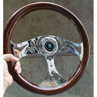 方向盘木质木制改装复古桃木普桑15寸38cm镜面电镀反光通用方向盘