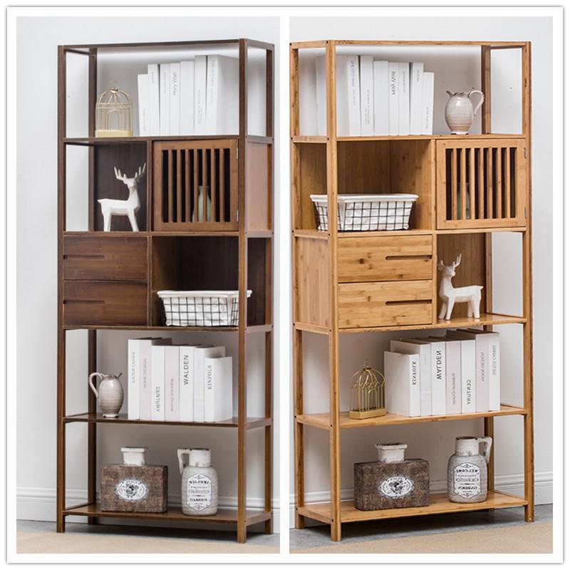中式实木复古书架落地简约现代创意多层简易书柜客厅博古置物架竹