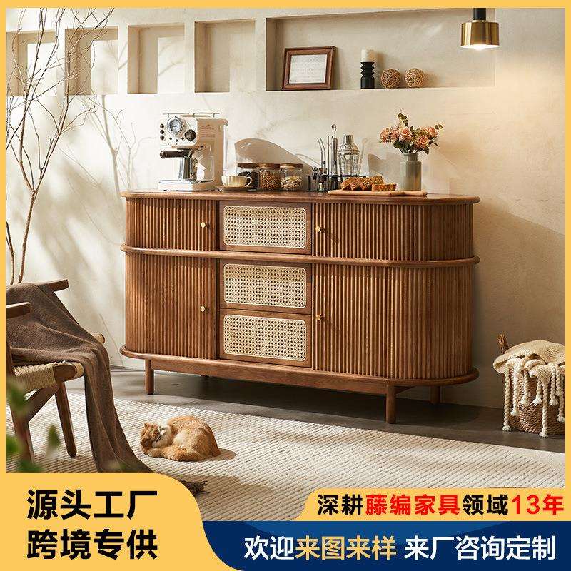 复古卷帘小户型收纳柜玄关柜边柜北欧实木储物柜藤编餐边柜抽屉