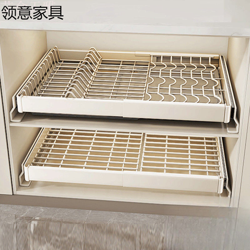 免打孔拉篮碗碟置物架厨房橱柜内伸缩抽屉式拉篮碗盘沥水收纳碗架