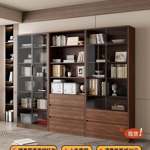 实木书柜储物柜一体家用客厅靠墙展示柜置物架带玻璃门整墙落地柜