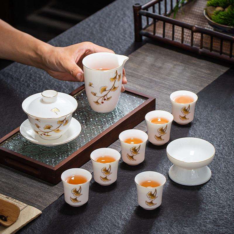 晟翔陶瓷茶具套装羊脂玉杏福盖碗10件套