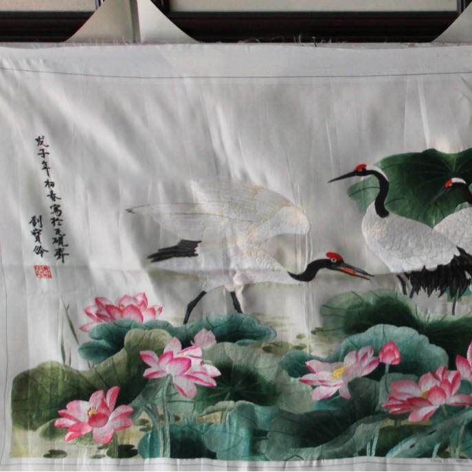 苏绣绣片客厅办公室装饰画苏州手工刺绣百骏图荷花图