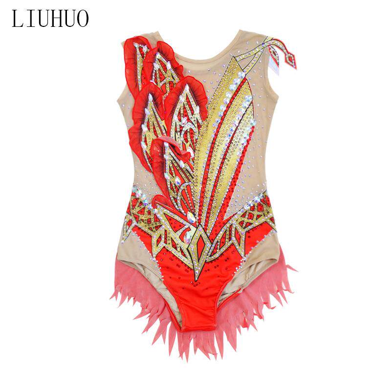 LIUHUO新品女艺术体操服健美操服比赛技巧服艺考女皮筋竞技装红色