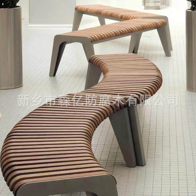 室外公园椅户外长椅广场休闲座椅防腐木S形排椅金属长条凳子