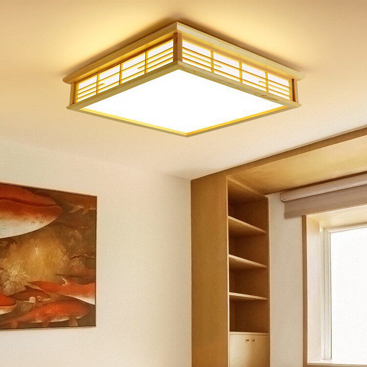 日式榻榻米吸顶灯木艺方形新中式原木LED北欧现代客厅灯简约灯具