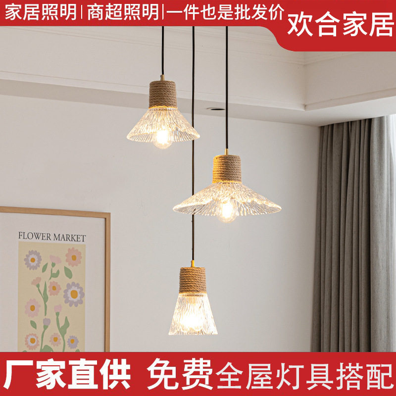 日式原木风玻璃吊灯餐厅吧台橱窗小吊灯商用三头麻绳圆盘餐吊灯