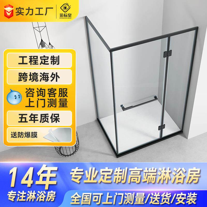 L形淋浴房平开门卫生间玻璃隔断下沉式干湿分离洗澡间简易淋浴房