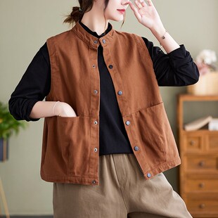 速发复古斜纹工装马马小外套新款纯色立领甲上无袖夹衣