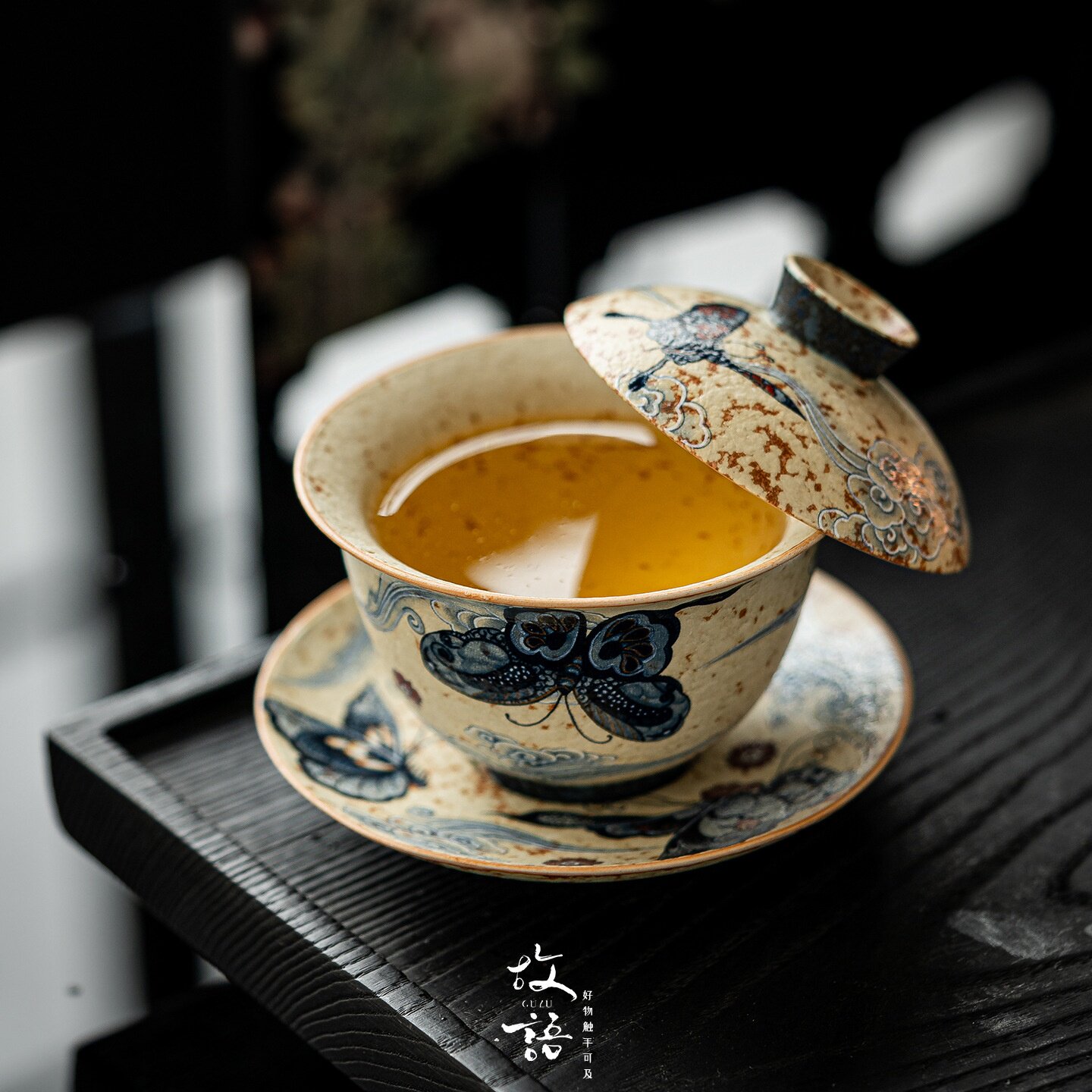 青花火石红盖碗陶瓷单个喝茶壶高档中式古风带盖泡茶碗送礼