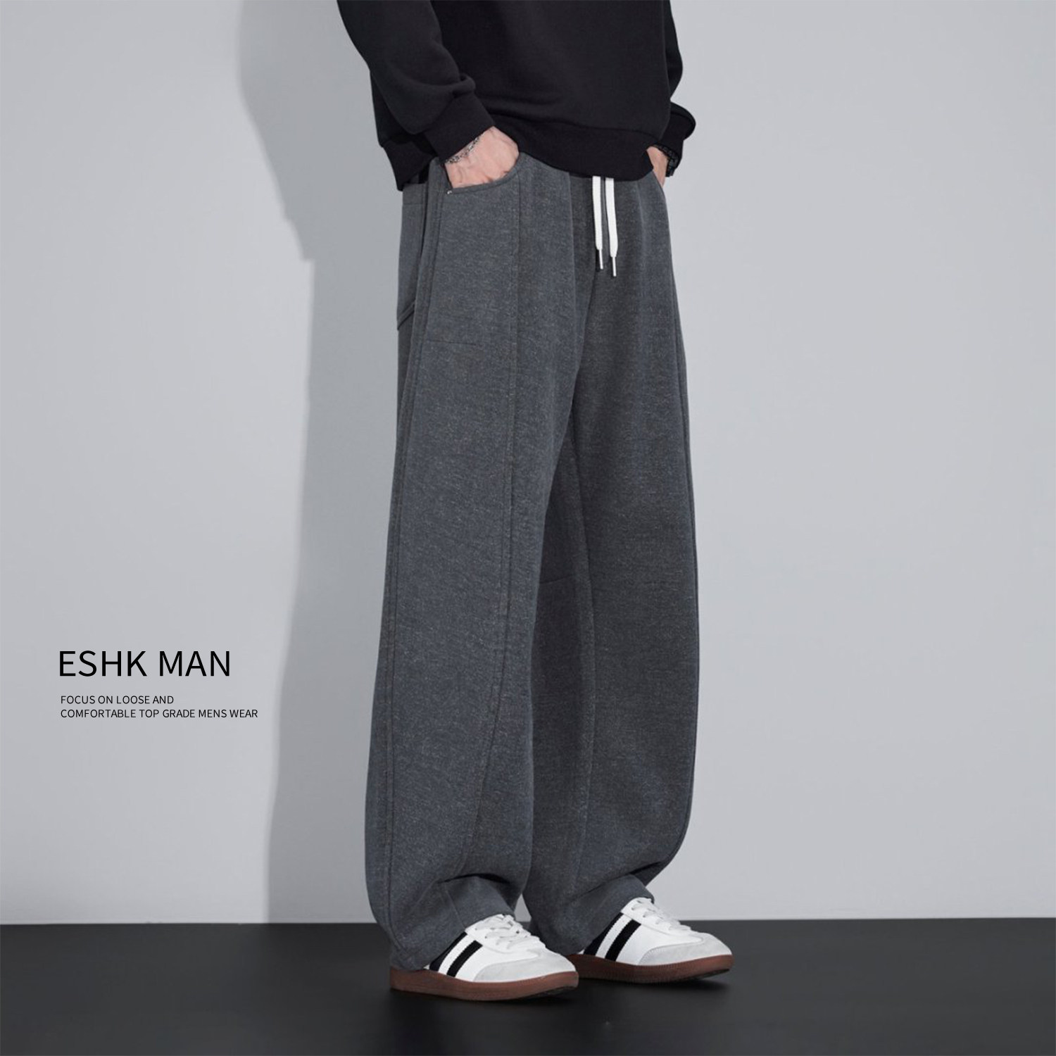 ESHK立体裁剪设计感加绒加厚男式卫裤宽松直筒老爹裤潮流阔腿百搭