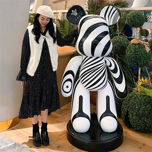 网红黑白条纹暴力熊大摆件卡通公仔玻璃钢雕塑客厅商场落地美发店