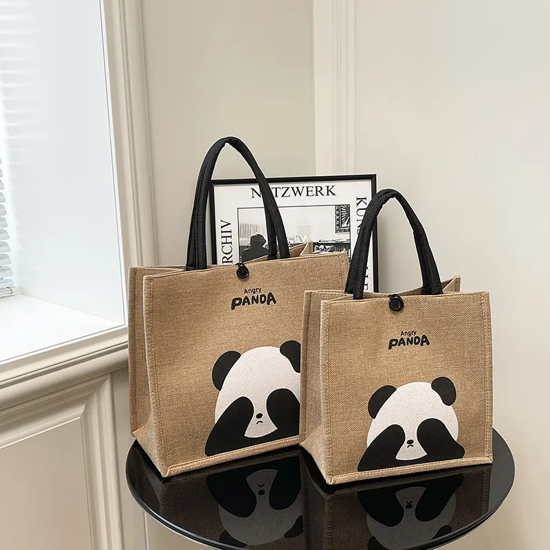 新款便携式亚麻手提袋 可爱熊猫复古麻布购物袋旅行包单肩包