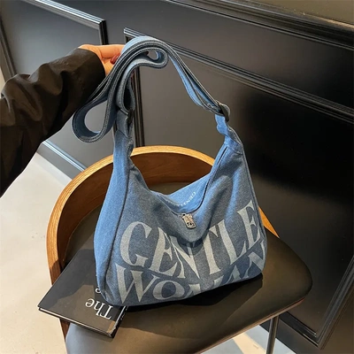 Gentlewoman简约纯色牛仔布包包2025新款字母印花大单肩包女