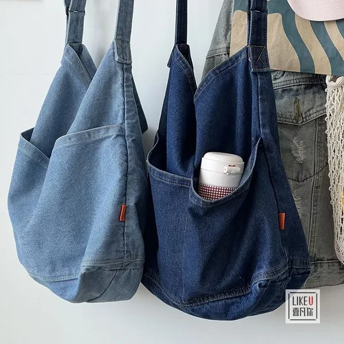 时尚牛仔单肩斜挎包多口袋托特包