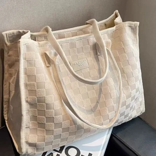 大容量帆布包包女格纹手提托特包时尚外出手提购物袋子纯色拉链袋