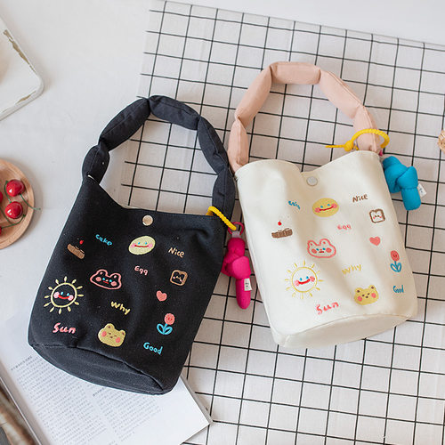 双层帆布手提绣花水桶包手拎袋