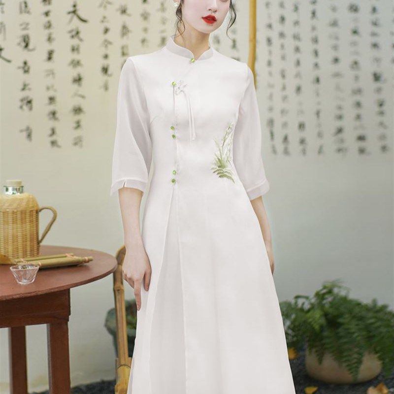 速发新中式国风改良旗袍茶服套装夏季茶艺师工作服禅意采耳师连衣