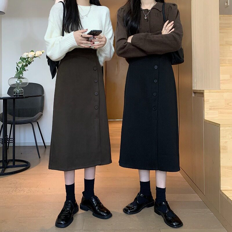 速发遮码高腰a字梨胯身材大型毛呢半身裙秋冬遮肚包臀长裙