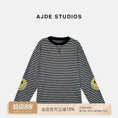 爱自然&AJDE｜大笑脸条纹长袖T恤女简约设计感刺绣圆领套头上衣