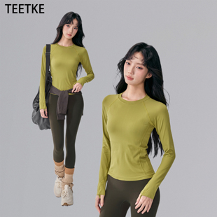 TEETKE秋冬运动上衣女圆领修身速干跑步训练瑜伽服普拉提健身长袖