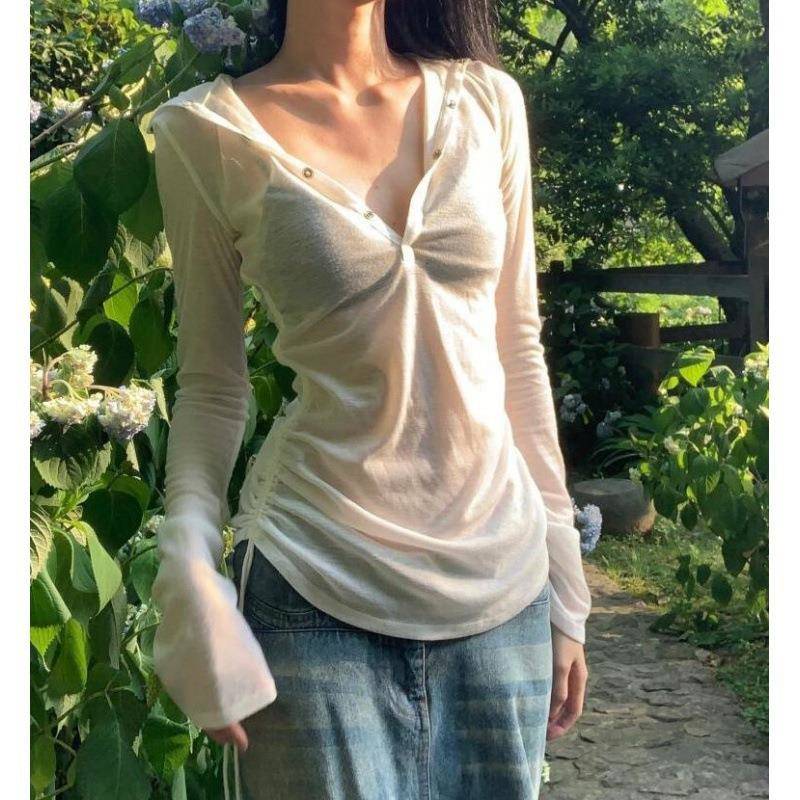 夏季白色冰丝半开领薄款长袖上衣女短款坎肩吊带外搭防晒针织罩衫