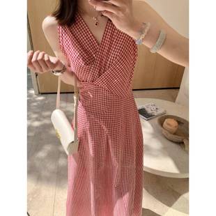 小众高级感气质无袖 收腰连衣裙女夏季 法式 V领显瘦长裙子 茶歇