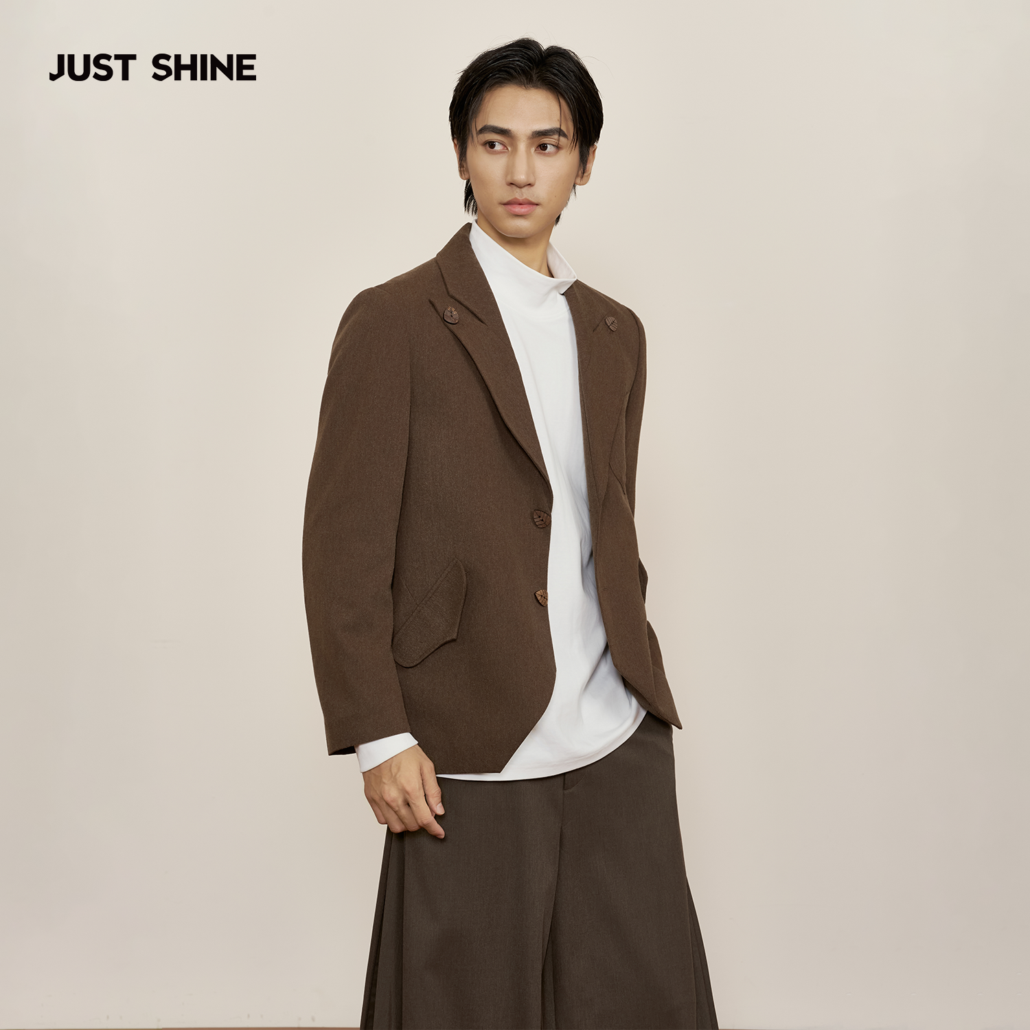 JUSTSHINE 早秋棉麻西装不规则下摆木质纽扣百搭文艺休闲通勤外套