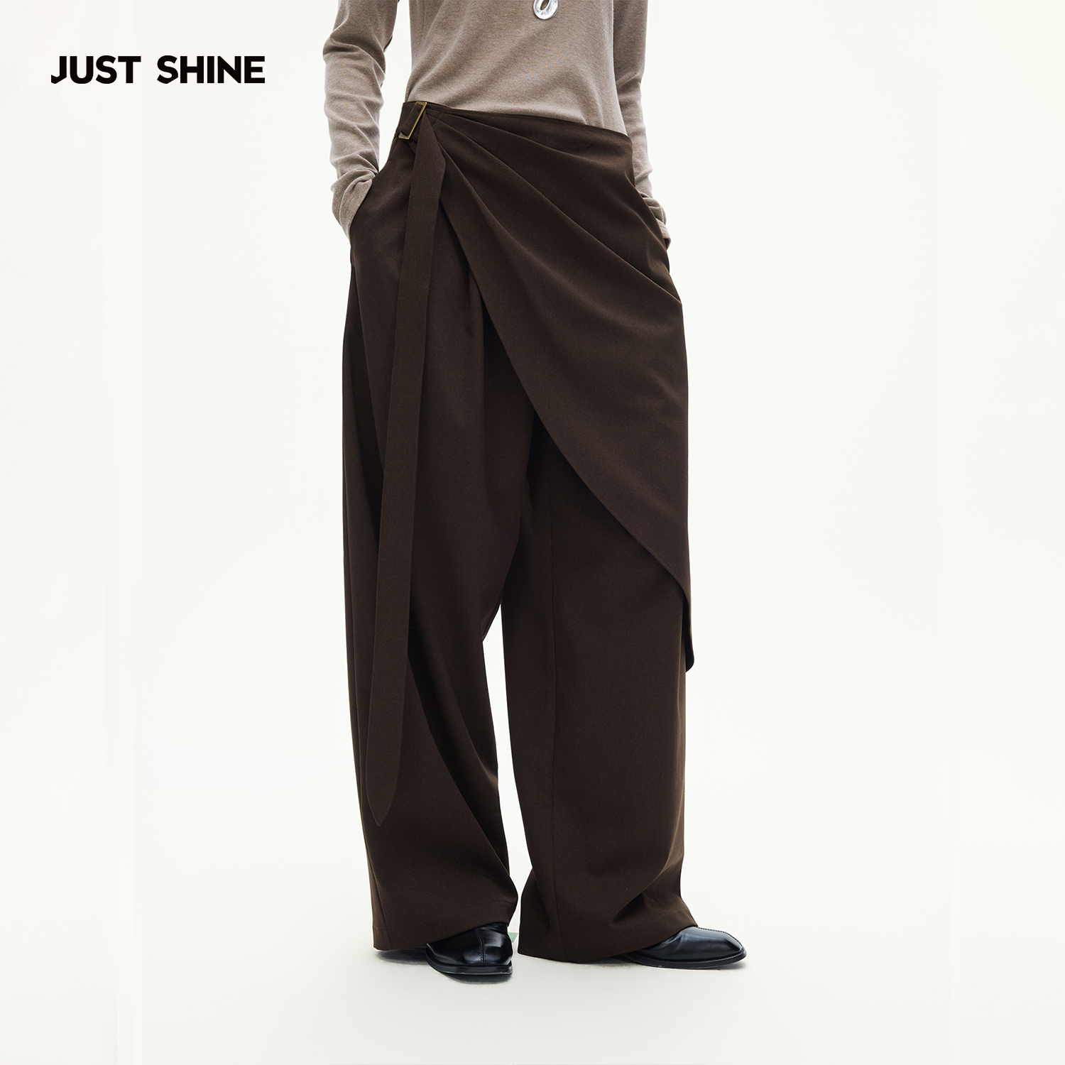 JUST SHINE/时晒不规则围裹阔裤腿休闲裤飘带垂感解构西装裤长裤