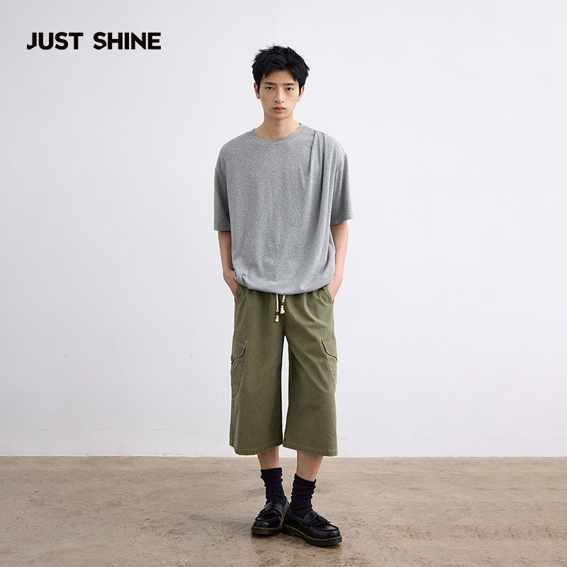 JUSTSHINE 100%棉阔腿七分裤梭织工装裤宽松直筒休闲裤五分中裤图片