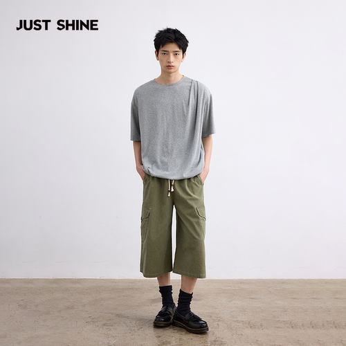 JUSTSHINE 100%棉阔腿七分裤梭织工装裤宽松直筒休闲裤五分中裤