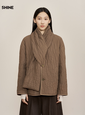 JUST SHINE复古风黑色绗缝外套围巾设计宽松单排扣上衣个性穿搭款