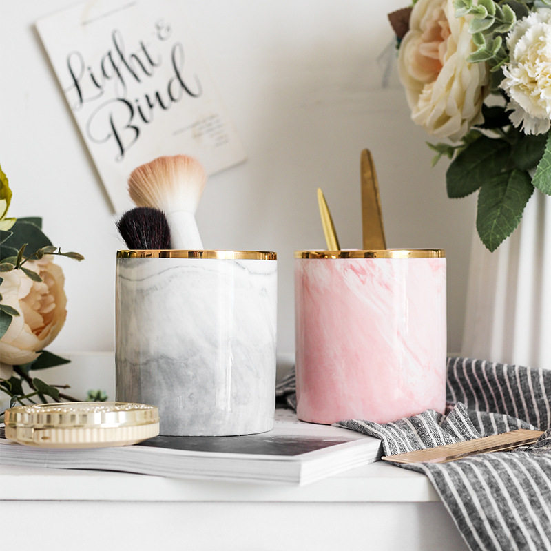 ins北欧大理石纹陶瓷笔筒化妆刷收纳时尚笔筒置物桶样板房软装