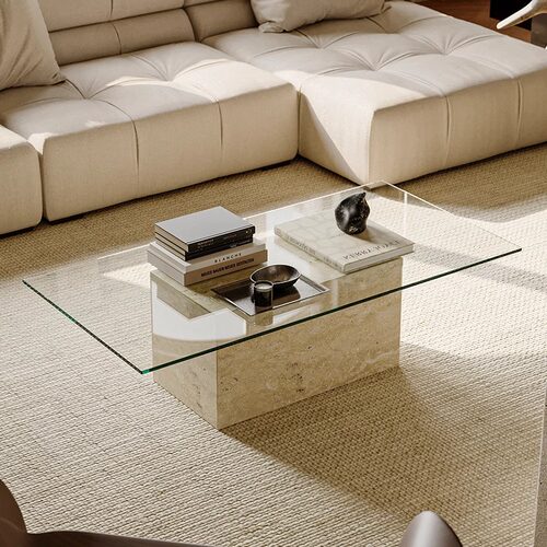 工厂直销现代简约玻璃洞石茶几