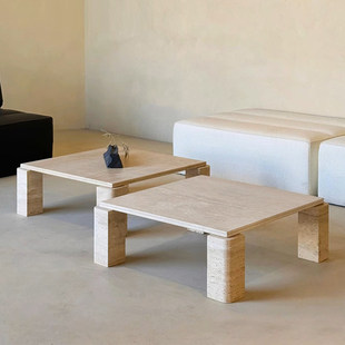 侘寂风天然洞石茶几边几组合复古客厅桌家用别墅方形轻奢设计师款