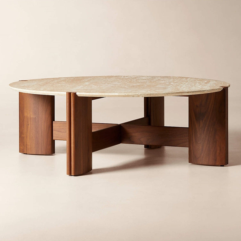 侘寂风中古简约实木洞石圆茶几