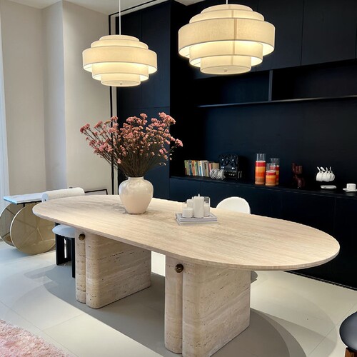 复古诧寂风天然洞石椭圆餐桌