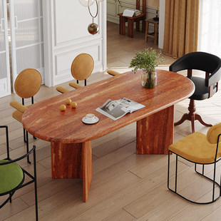 侘寂风轻奢天然红洞石餐桌圆形客厅家用小户型石材长桌大理石饭桌