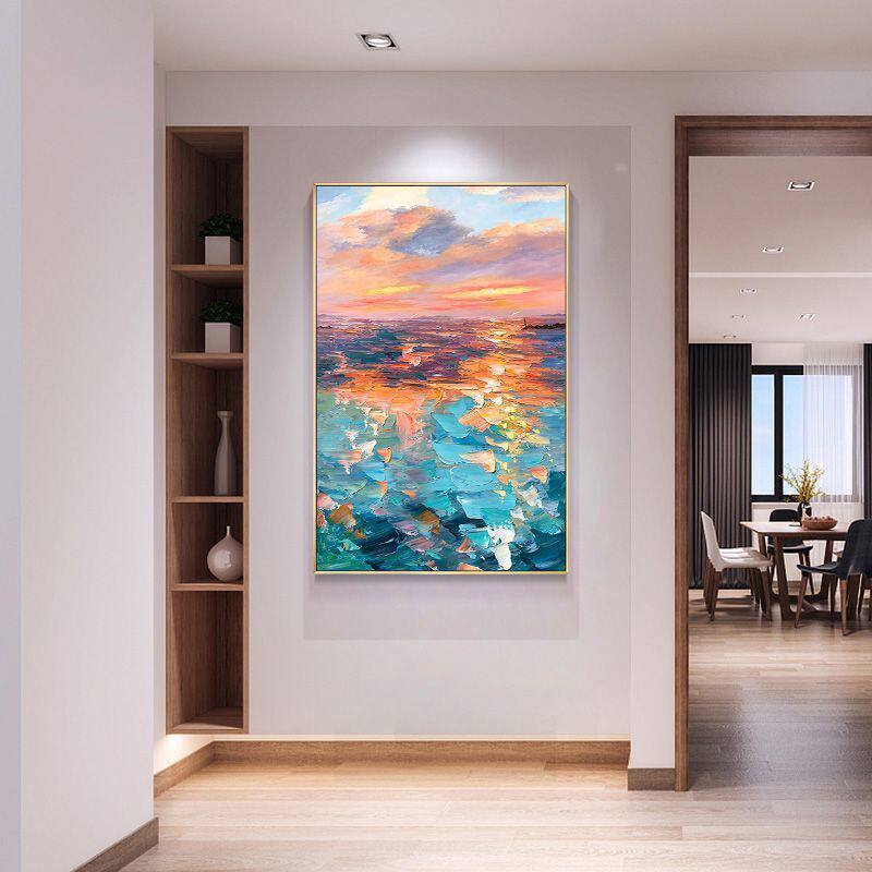 手绘油画玄关装饰画日出风景画抽象现代客厅轻奢挂画大海横版壁画