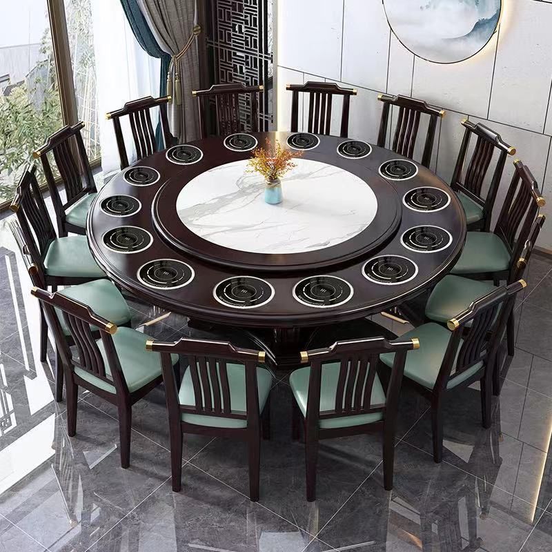 中式电磁炉一体火锅一人一锅酒店实木圆桌家用转盘小火锅桌子