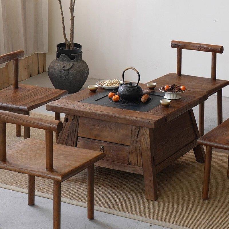 老榆木围炉煮茶桌实木户外烤火炉套装侘寂风庭院茶几原生态方桌子