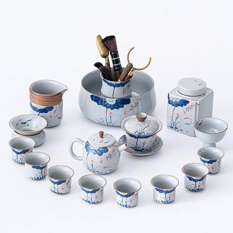 手绘荷花陶瓷功夫茶具套装盖碗家用办公室会客泡茶器轻奢送礼现货