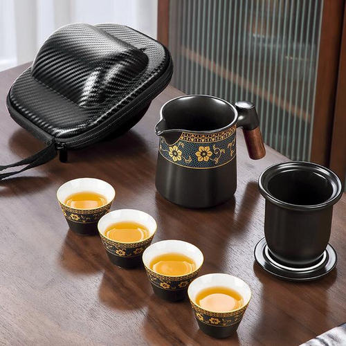 旅行茶具便携陶瓷快客杯创意日式旅游收纳快客杯一壶四杯防烫过滤