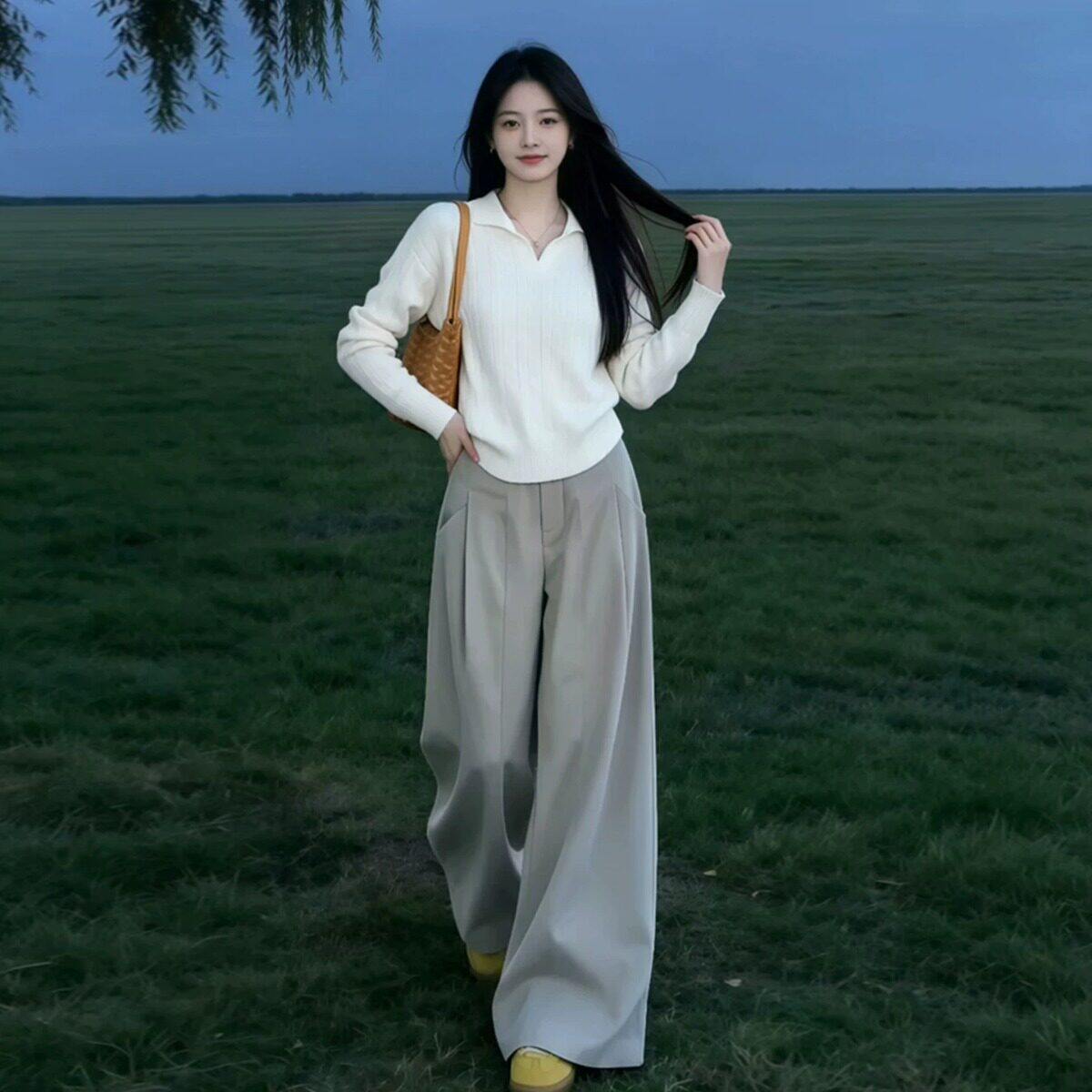 女2026针织衫两件套穿白色休闲风Polo新款早秋一整套上衣阔腿裤搭